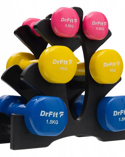 DrFit hantelių rinkinys su stovu, gumuoti spalvoti svarmenys, 6 vnt., įvairus svoris, 6 kg