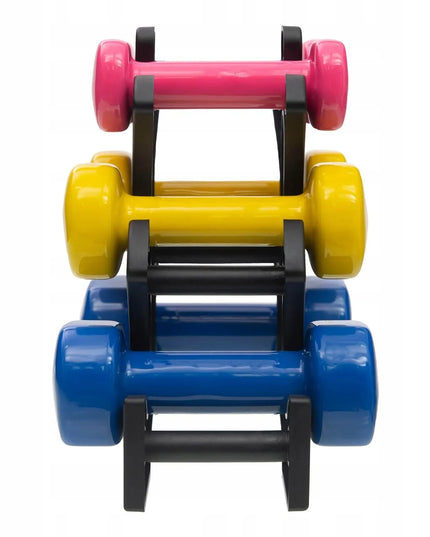 DrFit hantelių rinkinys su stovu, gumuoti spalvoti svarmenys, 6 vnt., įvairus svoris, 6 kg