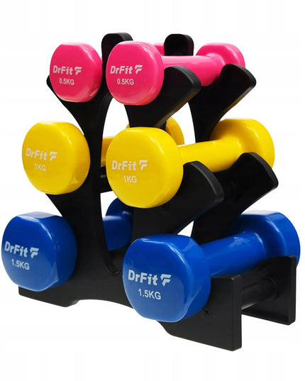 DrFit hantelių rinkinys su stovu, gumuoti spalvoti svarmenys, 6 vnt., įvairus svoris, 6 kg