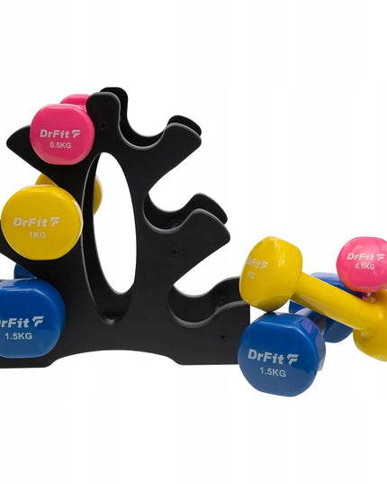 DrFit hantelių rinkinys su stovu, gumuoti spalvoti svarmenys, 6 vnt., įvairus svoris, 6 kg
