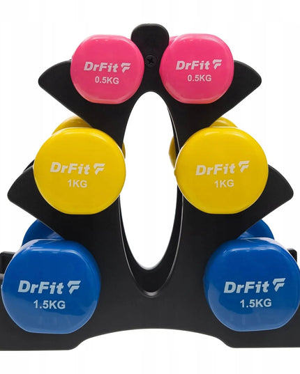 DrFit hantelių rinkinys su stovu, gumuoti spalvoti svarmenys, 6 vnt., įvairus svoris, 6 kg