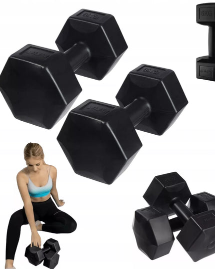 DrFit Heksagoniniai hanteliai mankštai, Pilates, jėgos treniruotėms, 2x6 kg, juodi