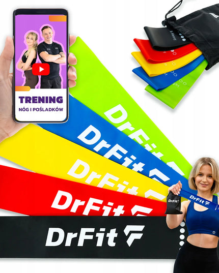 DrFit pasipriešinimo gumos 5 vnt. rinkinys – lateksinės, patvarios + NEMOKAMA TRENIRUOTĖ!