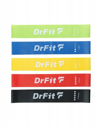 DrFit pasipriešinimo gumos 5 vnt. rinkinys – lateksinės, patvarios + NEMOKAMA TRENIRUOTĖ!