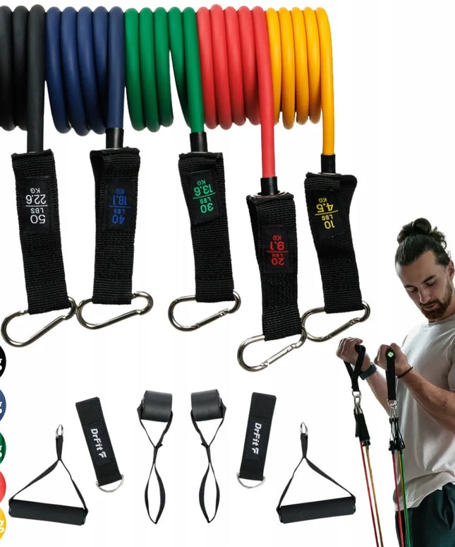 DrFit pasipriešinimo gumų rinkinys – 5 profesionalios mankštos gumos