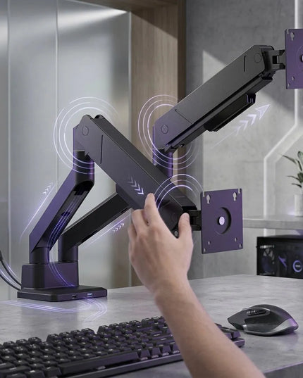 Dujinis laikiklis dviem monitoriams 17-35" 32 kg USB-A/C VESA išlenktiems ekranams Spacetronik