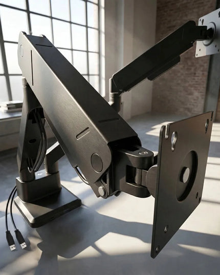 Dujinis laikiklis dviem monitoriams 17-35" 32 kg USB-A/C VESA išlenktiems ekranams Spacetronik