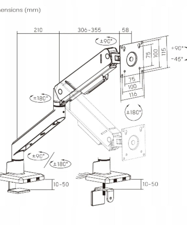 Dujinis monitoriaus laikiklis 17-45" 16kg USB šakotuvas VESA Spacetronik juodas