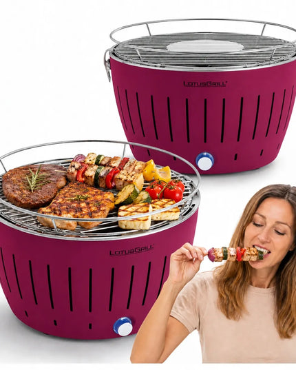 Dūmų nekeliantis anglinis grilis LotusGrill Classic sodui su krepšiu, fuksijos spalvos