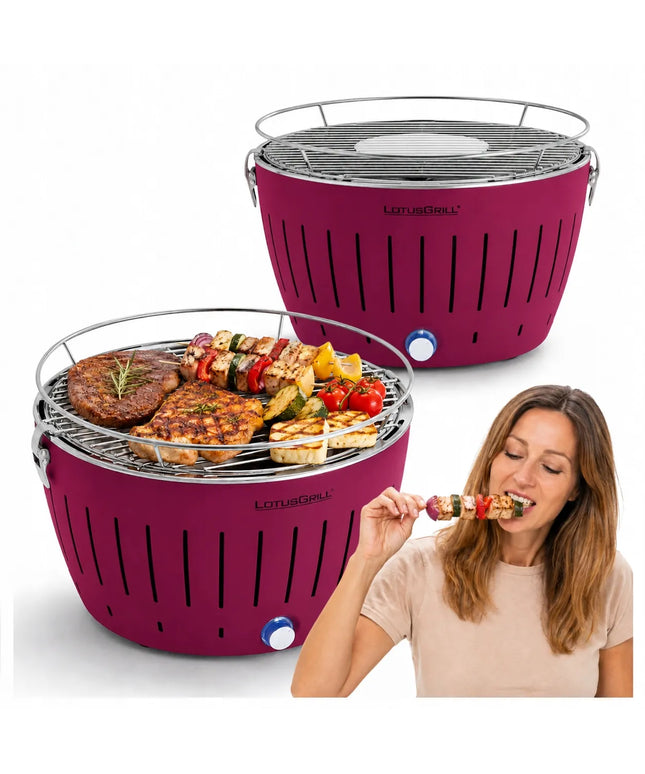 Dūmų nekeliantis anglinis grilis LotusGrill Classic sodui su krepšiu, fuksijos spalvos