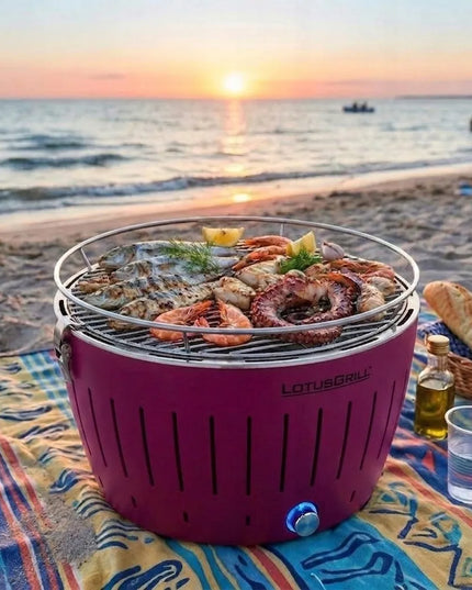 Dūmų nekeliantis anglinis grilis LotusGrill Classic sodui su krepšiu, fuksijos spalvos