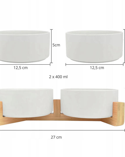Dviejų keraminių dubenėlių rinkinys šunims ir katėms Mersjo Gerda, 2x400 ml, su mediniu stovu