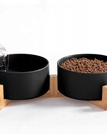 Dviejų keraminių dubenėlių rinkinys šunims ir katėms Mersjo su mediniu stovu 2x400 ml, juodas