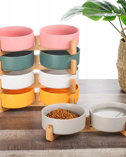 Dviejų keraminių dubenėlių rinkinys šunims ir katėms Mersjo su mediniu stovu 2x400 ml, juodas
