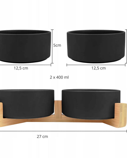 Dviejų keraminių dubenėlių rinkinys šunims ir katėms Mersjo su mediniu stovu 2x400 ml, juodas
