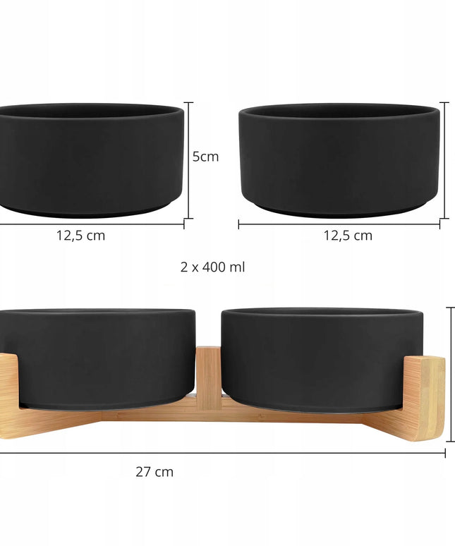 Dvigubi keraminiai šuns ir katės dubenėliai Mersjo Gerda 2x400 ml su tvirtu mediniu stovu – neslystantys, lengvai valomi, aukštos kokybės keramikos indai augintiniams
