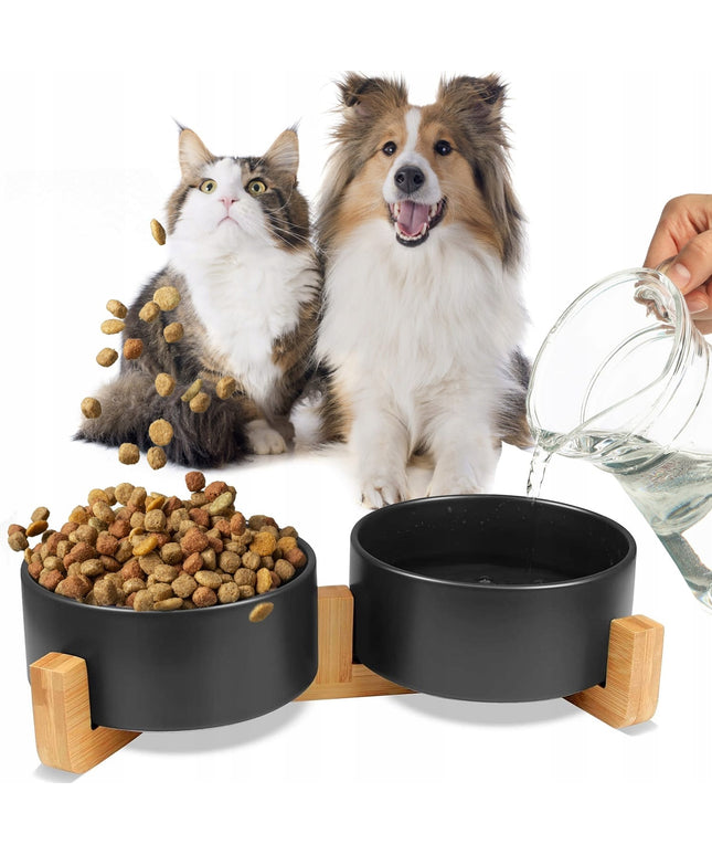Dvigubi keraminiai šuns ir katės dubenėliai Mersjo Gerda 2x400 ml su tvirtu mediniu stovu – neslystantys, lengvai valomi, aukštos kokybės keramikos indai augintiniams