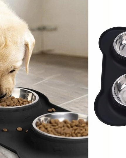 Dviguba šuns ir katės maisto bei vandens dubenėlių sistema su neslystančiu stovu Mersjo 2x400 ml – nerūdijančio plieno dubenėliai su silikono pagrindu
