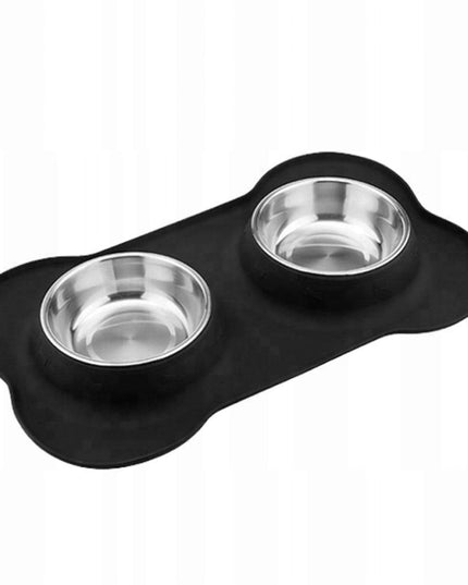 Dviguba šuns ir katės maisto bei vandens dubenėlių sistema su neslystančiu stovu Mersjo 2x400 ml – nerūdijančio plieno dubenėliai su silikono pagrindu