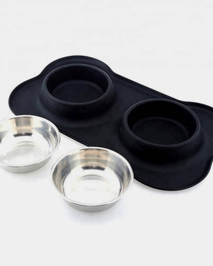 Dviguba šuns ir katės maisto bei vandens dubenėlių sistema su neslystančiu stovu Mersjo 2x400 ml – nerūdijančio plieno dubenėliai su silikono pagrindu