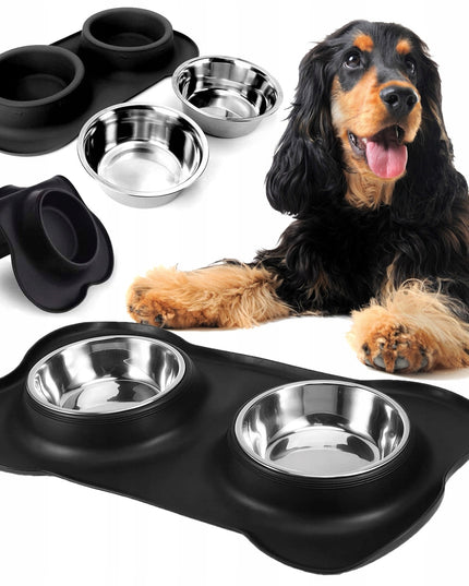 Dviguba šuns ir katės maisto bei vandens dubenėlių sistema su neslystančiu stovu Mersjo 2x400 ml – nerūdijančio plieno dubenėliai su silikono pagrindu