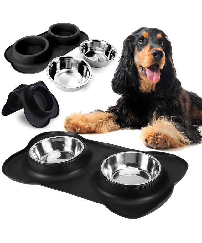 Dviguba šuns ir katės maisto bei vandens dubenėlių sistema su neslystančiu stovu Mersjo 2x400 ml – nerūdijančio plieno dubenėliai su silikono pagrindu