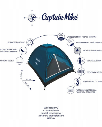 Dvivietė kempingo palapinė Captain Mike 200x140x100 cm UPF50+