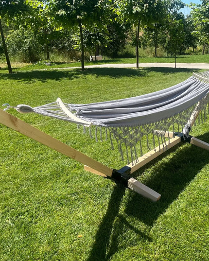 Dvivietis hamako rėmas ir hamakas BOHO pilkas, nešiojamas komplektas COMFORT ZONE 200 kg