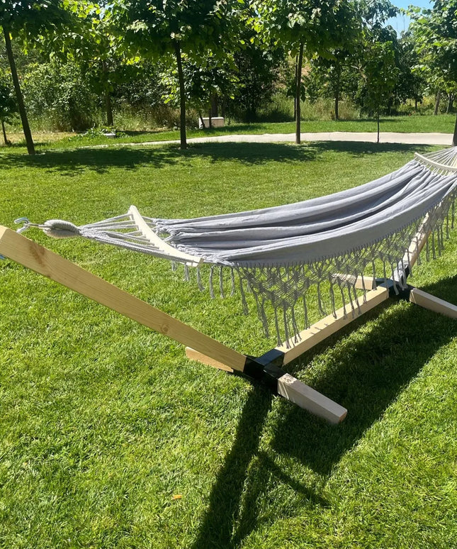 Dvivietis hamako rėmas ir hamakas BOHO pilkas, nešiojamas komplektas COMFORT ZONE 200 kg