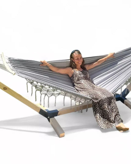 Dvivietis hamako rėmas ir hamakas BOHO pilkas, nešiojamas komplektas COMFORT ZONE 200 kg