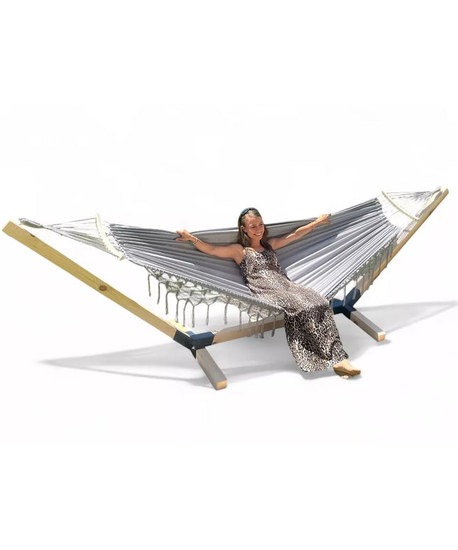 Dvivietis hamako rėmas ir hamakas BOHO pilkas, nešiojamas komplektas COMFORT ZONE 200 kg