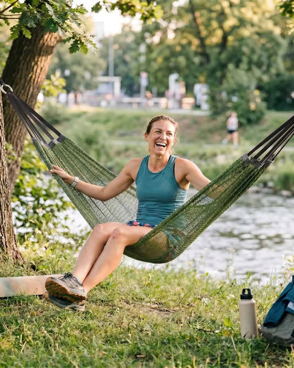 Dvivietis turistinis sodo hamakas 210x140 cm – žalias