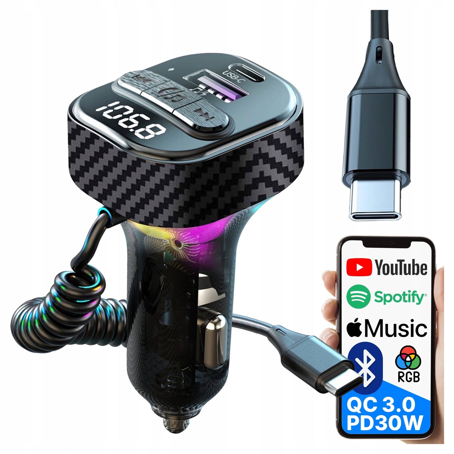 FM SIŲSTUVAS BLUETOOTH AUTOMOBILINIS ĮKROVIKLIS MP3 2x USB-C QC 3.0 PD 30W