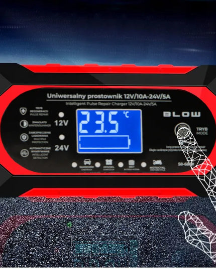 Automatinis automobilio akumuliatorių įkroviklis BLOW 12 V / 24 V, 10 A, su remonto funkcija ir LCD ekranu
