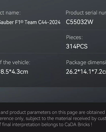Konstruktorius CaDA Formula 1 bolidas KICK SAUBER F1 TEAM C44 314 el. C55032W