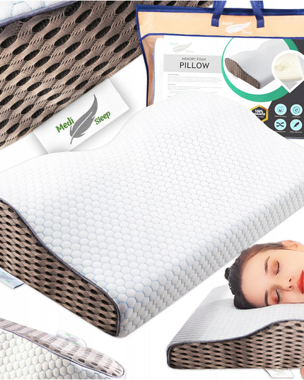 Ortopedinė pagalvė šoniniam ir pilvo miegui, profiliuota iš memory putų.