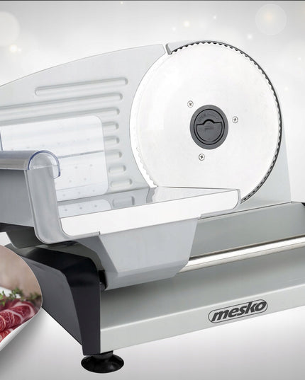 Elektrinė pjaustyklė Mesko MS4704 – duonai, mėsai, sūriui ir daržovėms, 400W, metalinis korpusas, reguliuojamas pjūvis 0–15 mm