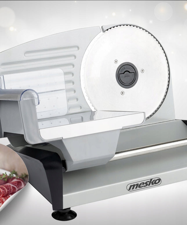 Elektrinė pjaustyklė Mesko MS4704 – duonai, mėsai, sūriui ir daržovėms, 400W, metalinis korpusas, reguliuojamas pjūvis 0–15 mm