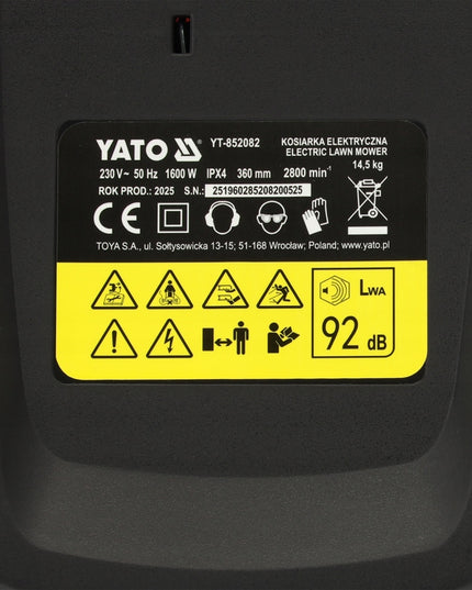 Elektrinė vejapjovė su indukciniu varikliu YATO YT-852082, 1600W, 45L, 36cm