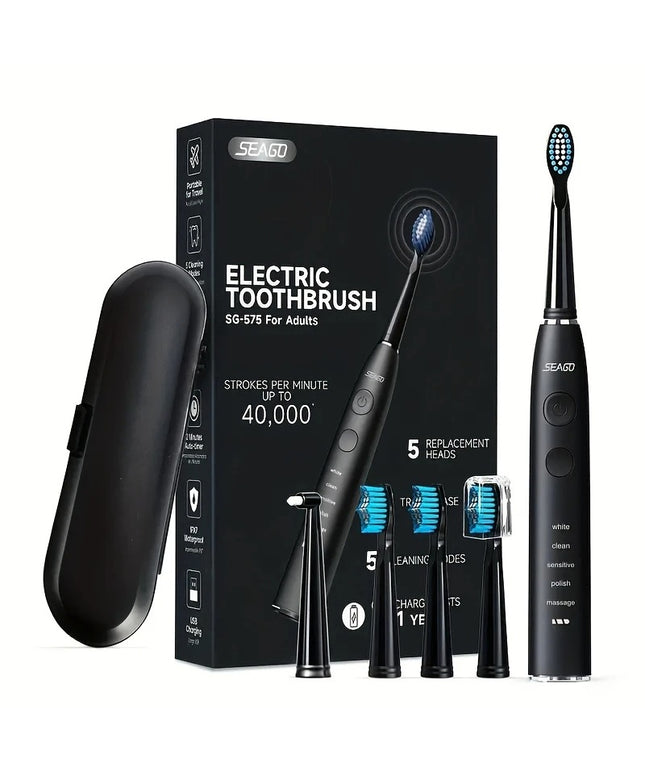 Elektrinis dantų šepetėlis su 5 antgaliais ir kelioniniu dėklu – Seago SG-575, 40 000 vib./min., 5 režimai, įkraunamas, veikia iki 1 metų