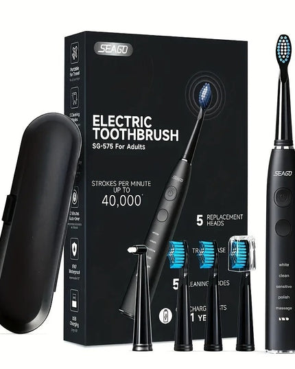 Elektrinis dantų šepetėlis su 5 antgaliais ir kelioniniu dėklu – Seago SG-575, 40 000 vib./min., 5 režimai, įkraunamas, veikia iki 1 metų