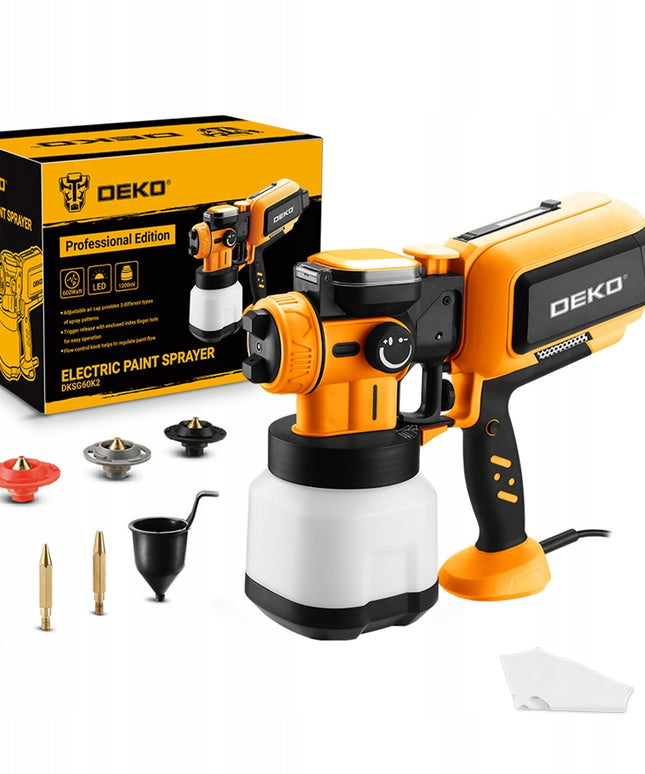 Elektrinis dažymo pistoletas DEKO DKSG60K2 600W su 3 purkštukais, 1.2L bakeliu, HVLP technologija, LED apšvietimu ir pilnu rinkiniu
