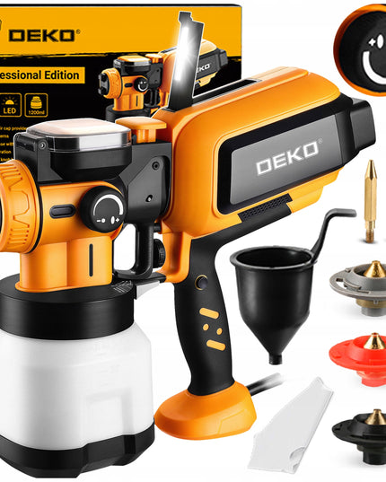 Elektrinis dažymo pistoletas DEKO DKSG60K2 600W su 3 purkštukais, 1.2L bakeliu, HVLP technologija, LED apšvietimu ir pilnu rinkiniu