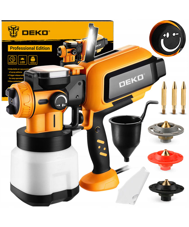 Elektrinis dažymo pistoletas DEKO DKSG60K2 600W su 3 purkštukais, 1.2L bakeliu, HVLP technologija, LED apšvietimu ir pilnu rinkiniu
