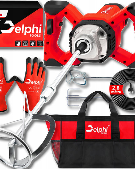 Elektrinis maišytuvas Delphi Tools 2600W – klijų, cemento, tinko ir dažų maišyklei su 2 antgaliais, reguliuojamu greičiu ir pilnu priedų komplektu