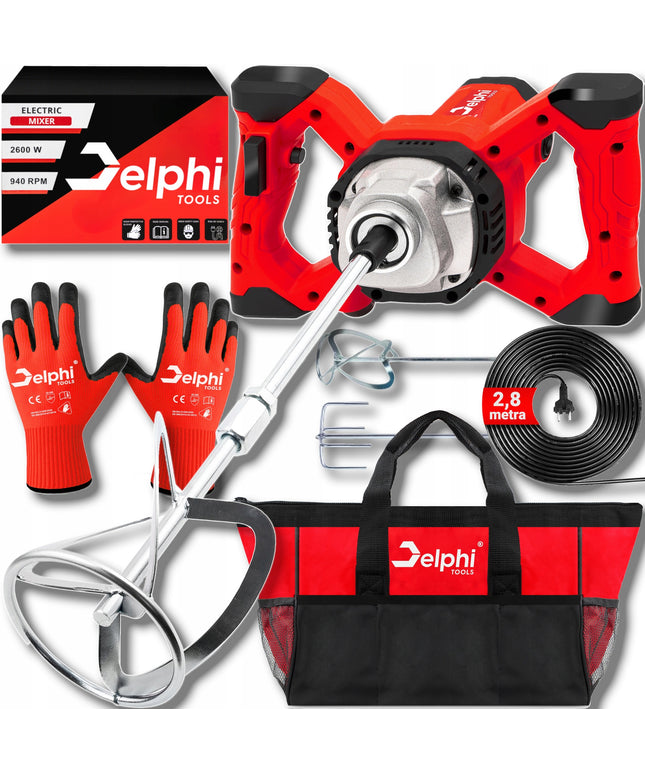 Elektrinis maišytuvas Delphi Tools 2600W – klijų, cemento, tinko ir dažų maišyklei su 2 antgaliais, reguliuojamu greičiu ir pilnu priedų komplektu
