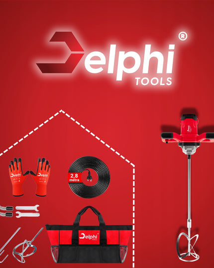 Elektrinis maišytuvas Delphi Tools 2600W – klijų, cemento, tinko ir dažų maišyklei su 2 antgaliais, reguliuojamu greičiu ir pilnu priedų komplektu