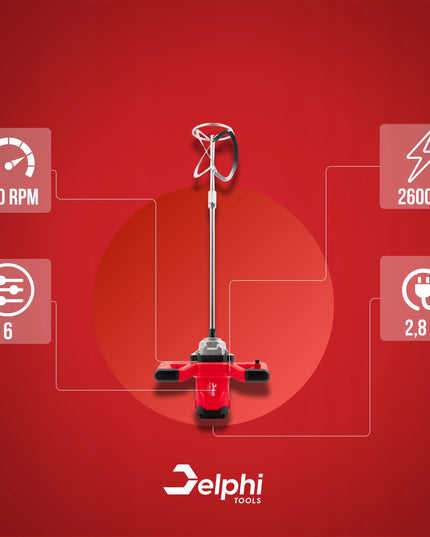 Elektrinis maišytuvas Delphi Tools 2600W – klijų, cemento, tinko ir dažų maišyklei su 2 antgaliais, reguliuojamu greičiu ir pilnu priedų komplektu