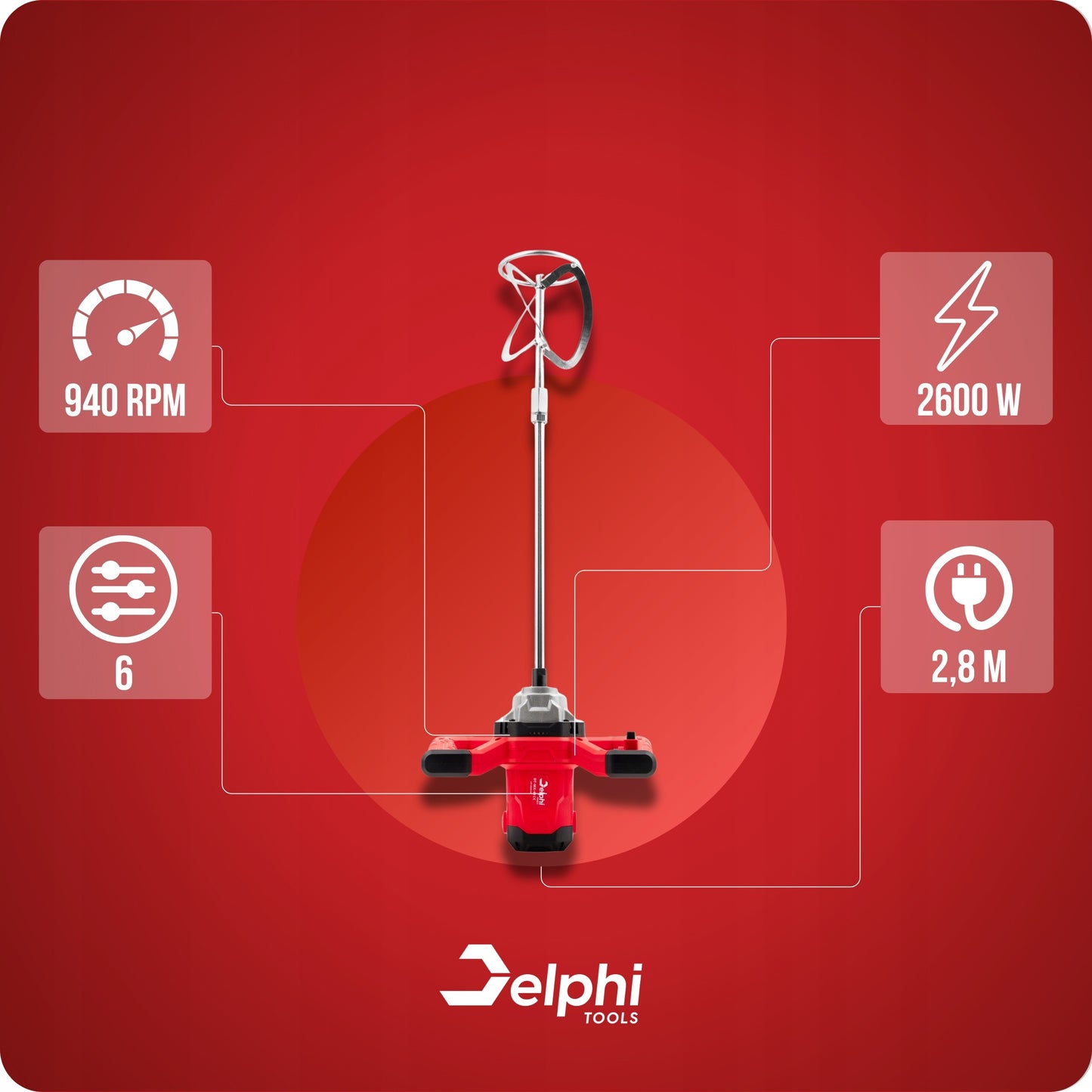 Elektrinis maišytuvas Delphi Tools 2600W – klijų, cemento, tinko ir dažų maišyklei su 2 antgaliais, reguliuojamu greičiu ir pilnu priedų komplektu