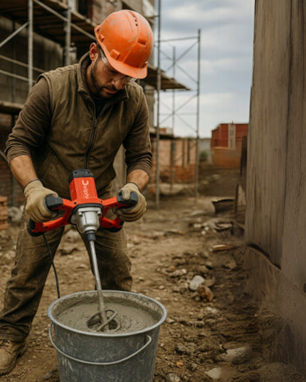 Elektrinis maišytuvas Delphi Tools 2600W – klijų, cemento, tinko ir dažų maišyklei su 2 antgaliais, reguliuojamu greičiu ir pilnu priedų komplektu